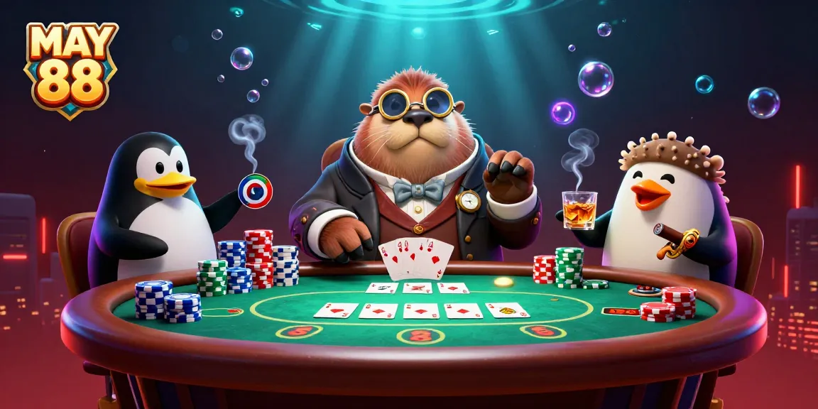 Experience thrilling poker action with MAY 88 featuring characters in a vibrant underwater casino.