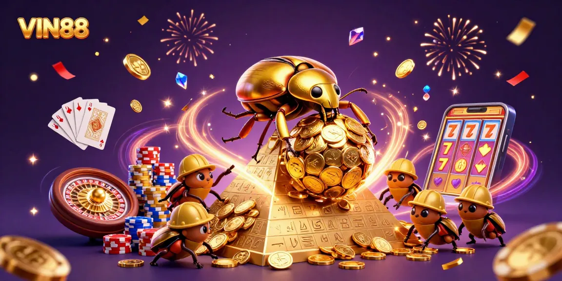 Experience excitement at VIN88 with a golden dung beetle rolling coins in a vibrant casino scene.