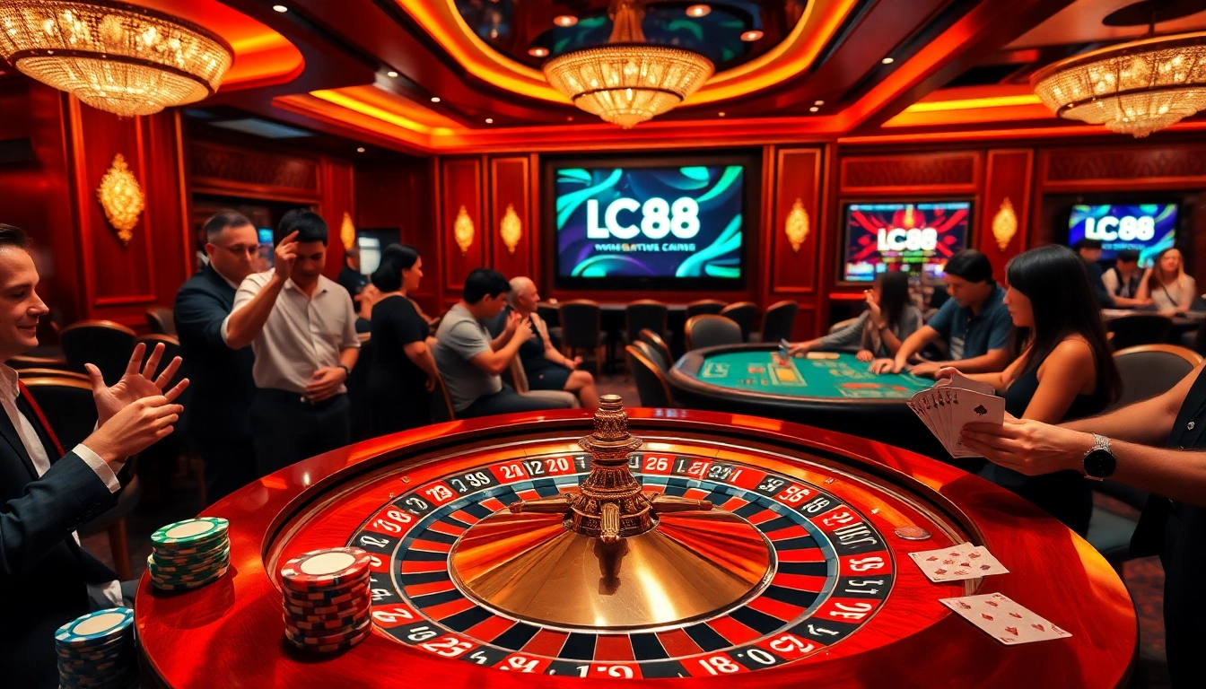 Players enjoying dynamic casino games featuring LC 88 with vibrant roulette and poker elements.