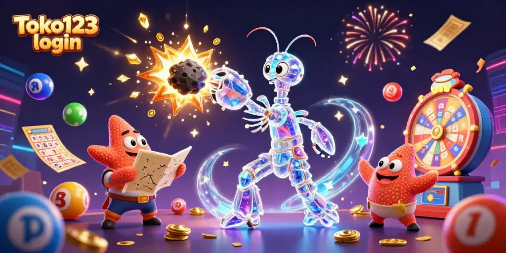 Experience the excitement of Toko123 login with a vibrant 3D illustration featuring dynamic casino elements.
