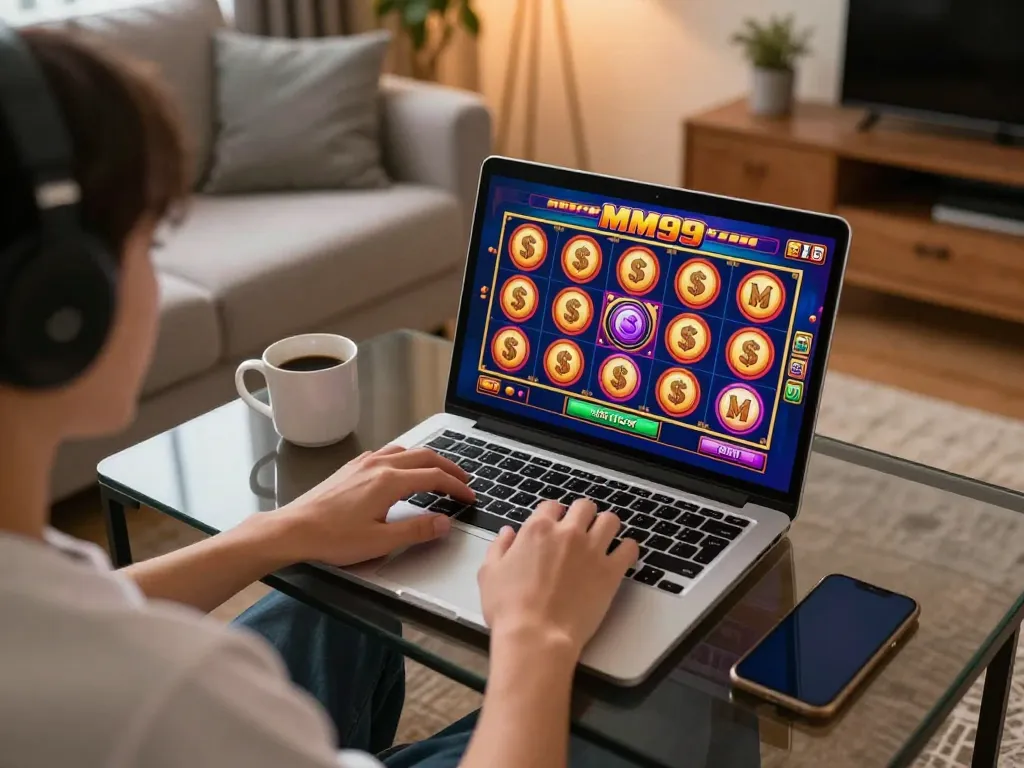 Engaging player enjoying MM99 Slot games on a laptop in a cozy home setting.