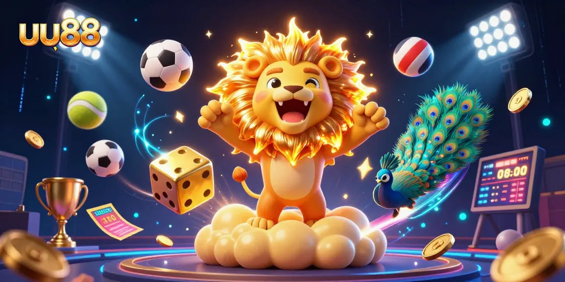 Experience excitement with uu88 as a 3D lion and dynamic sports elements create a thrilling betting atmosphere.