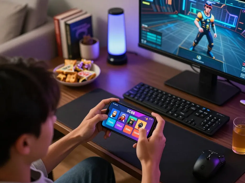 Player engaging with the SC88 app on smartphone during home game night, showcasing mobile gambling lifestyle.