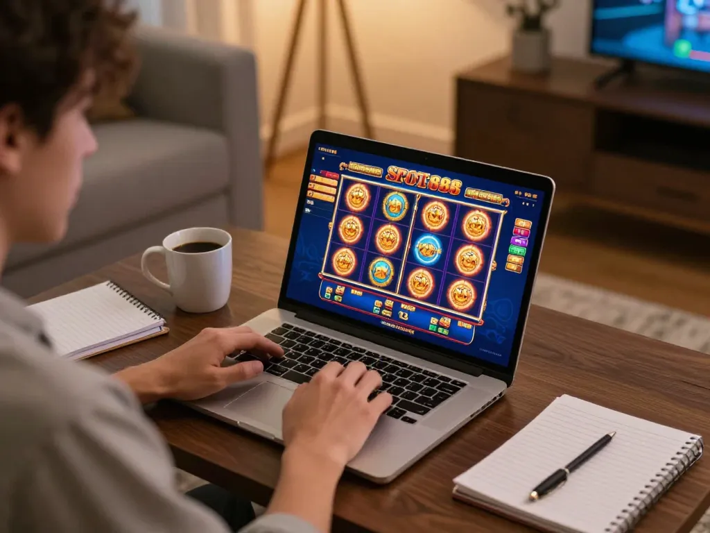 Engaging Slot88 gameplay on a laptop with strategic notes in a cozy home setting