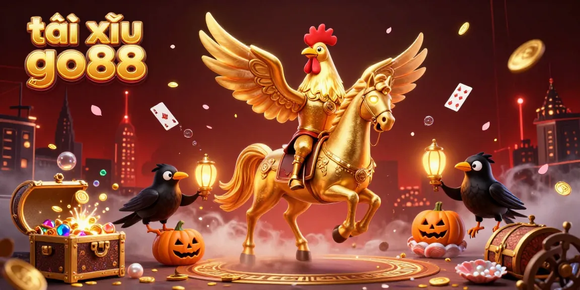 Tài xỉu go88 captivates players in a vibrant 3D casino scene featuring a golden rooster and floating cards.