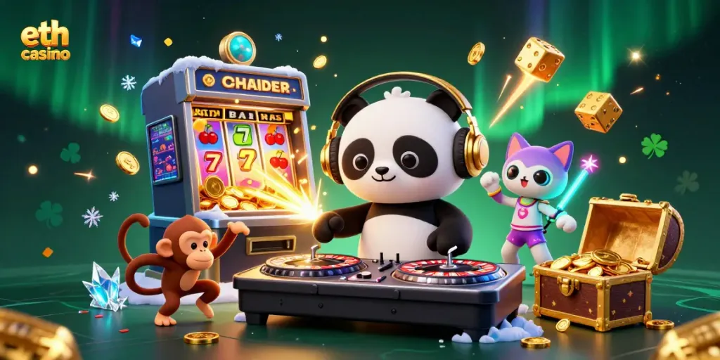 Experience the excitement of the eth casino with a dynamic 3D illustration of vibrant characters and gaming elements.