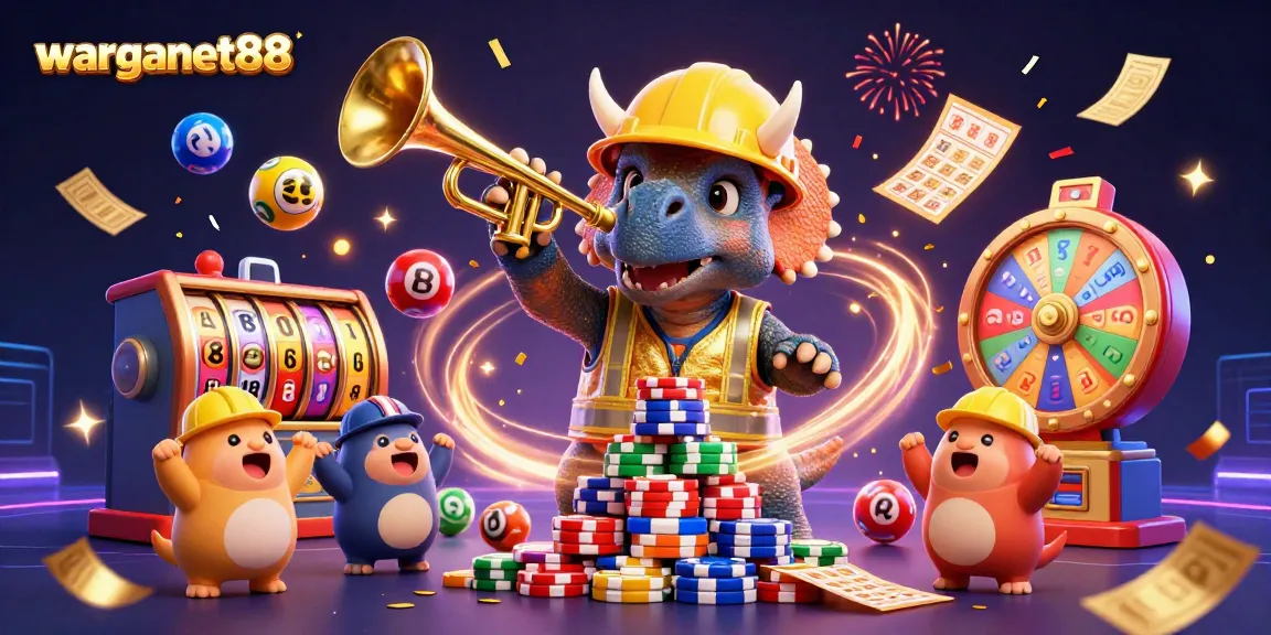 warganet88 brings excitement with a triceratops building poker chips among vibrant bingo and lottery elements.
