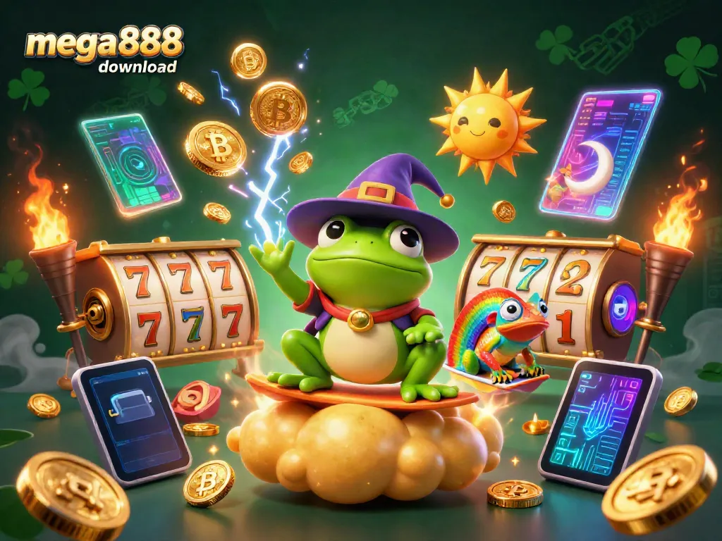 Engage with the mega888 download as a wizard frog creates a golden coin storm in a colorful casino scene.