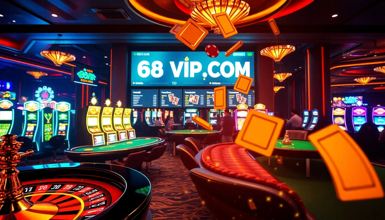 Experience thrilling gameplay at 68VIP.COM with vibrant casino visuals and engaging slot machines.