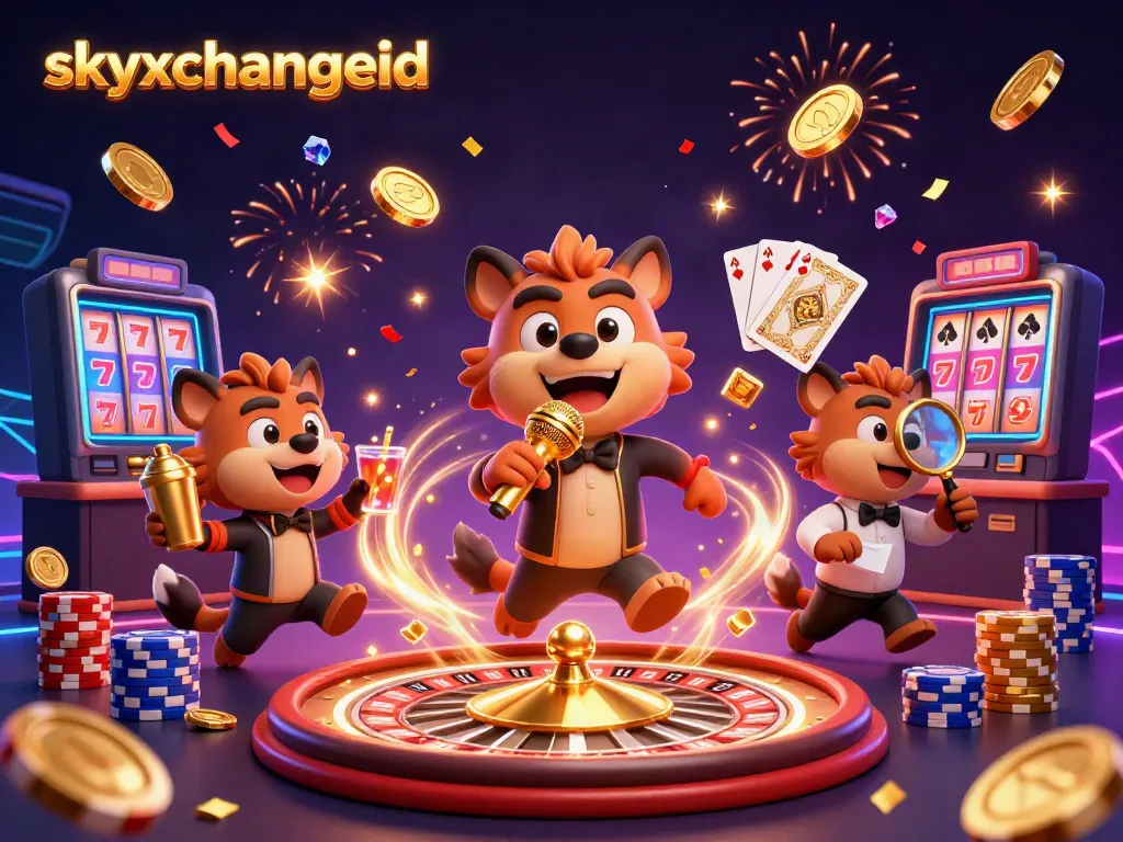 Skyxchangeid hyenas hosting a vibrant comedy casino club filled with gold coins and casino elements.