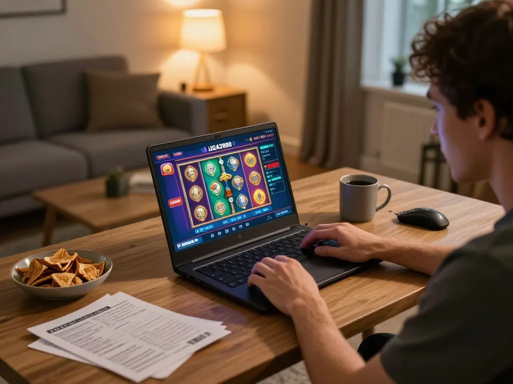 LIGA2000 gaming setup with player engaging in online slots in cozy home environment