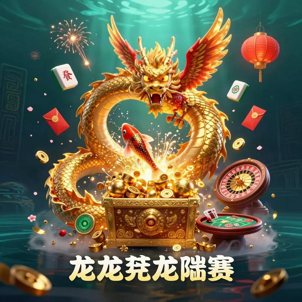 Golden dragon, red phoenix and koi amid casino treasures, roulette glow, teal-black underwater backdrop