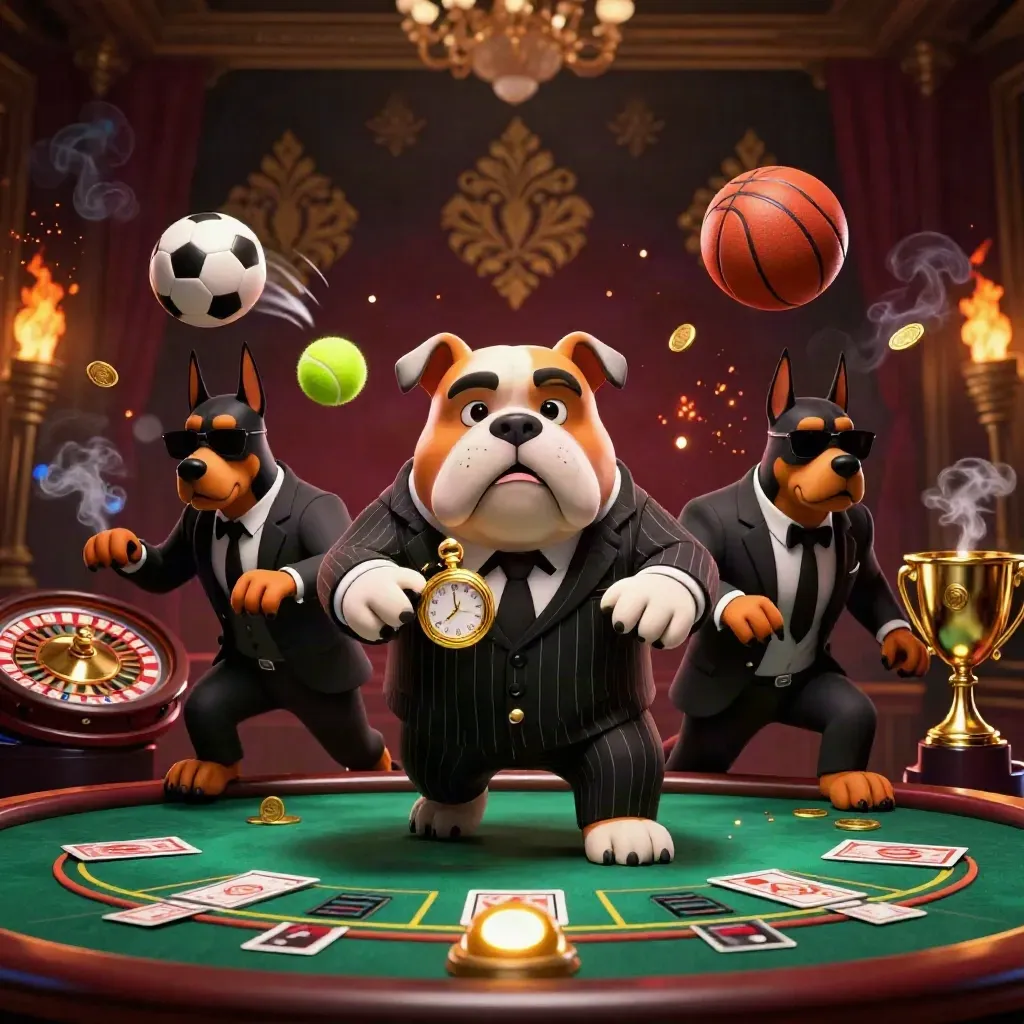 Mafia bulldog and Dobermans amid roulette, trophy, balls, coins, and emerald neon casino glow.