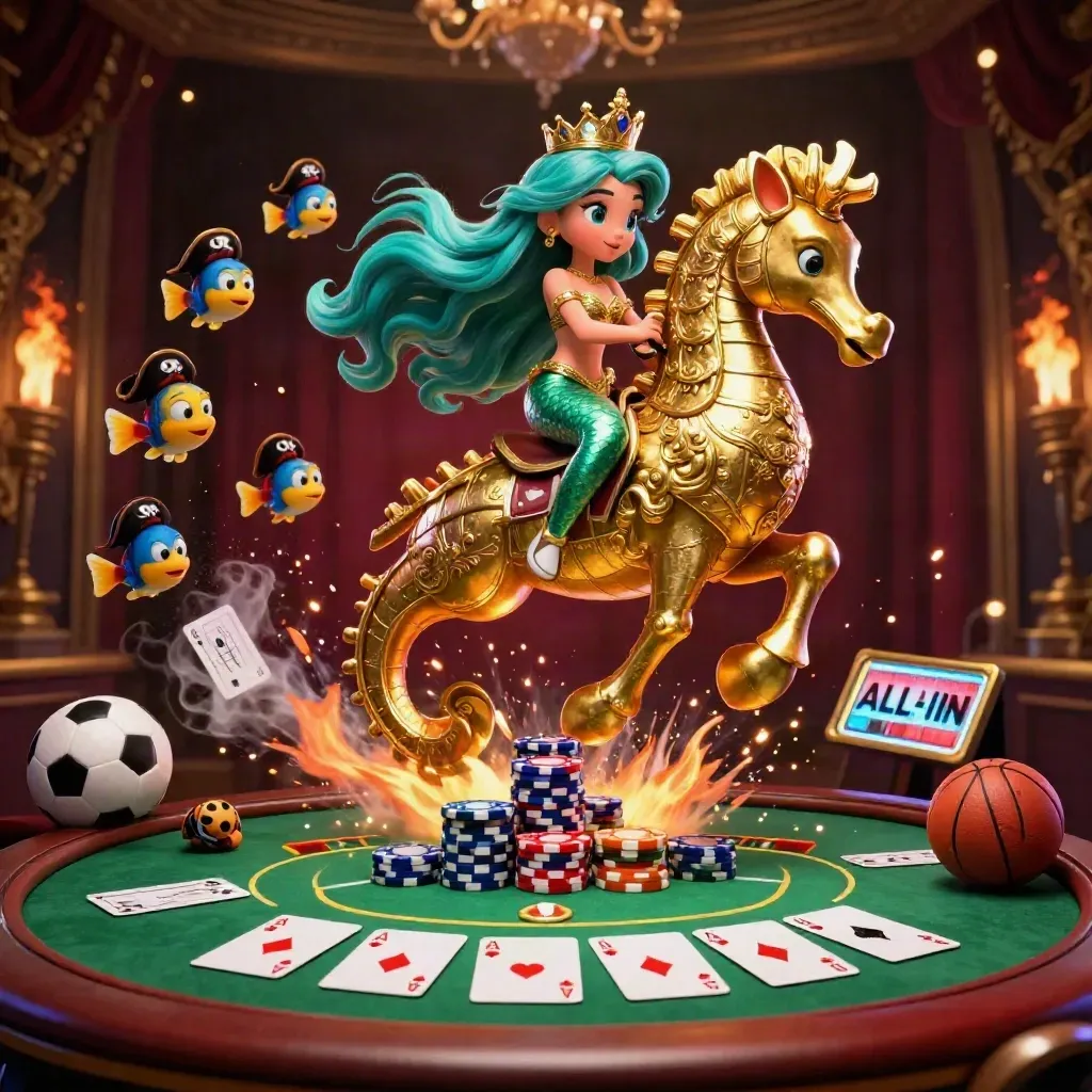 Mermaid princess on a golden seahorse amid poker chips, cards, fish, and casino glow