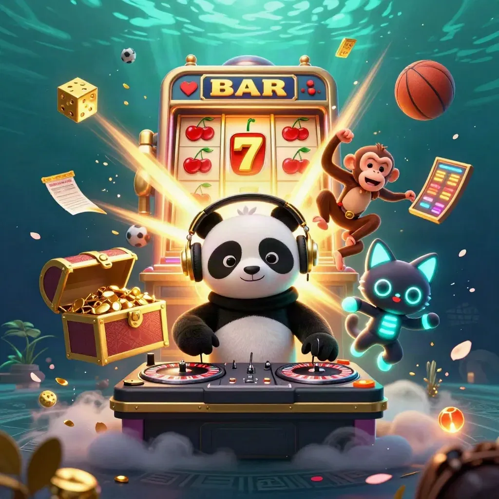 DJ panda, breakdancing monkey, and glow-stick kitten amid casino bursts, gold, and flying sports balls.