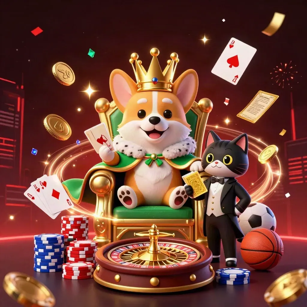 Royal corgi and cat butler amid chips, coins, roulette wheel, cards, confetti, and glowing casino lights.