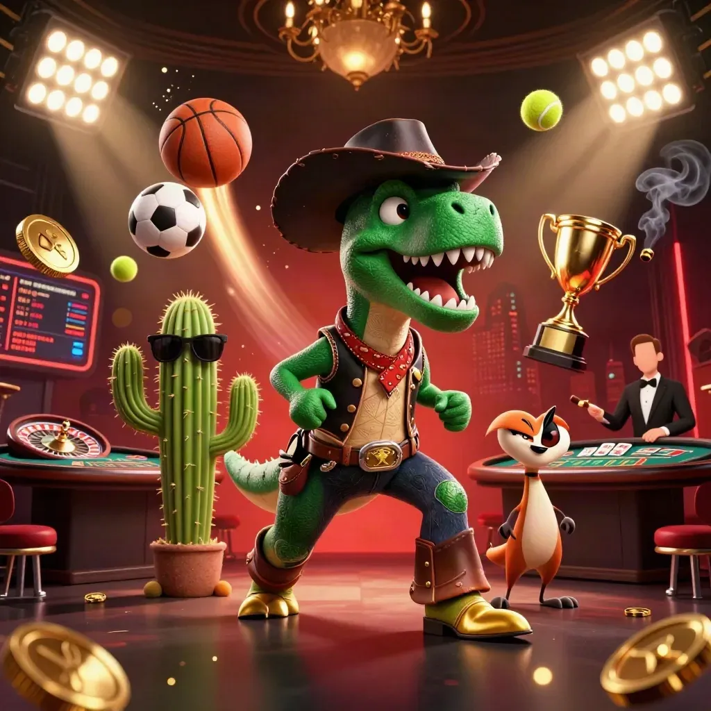3D cowboy T-Rex, cactus sidekick, and sheriff roadrunner in a glowing casino scene with coins and sports balls.