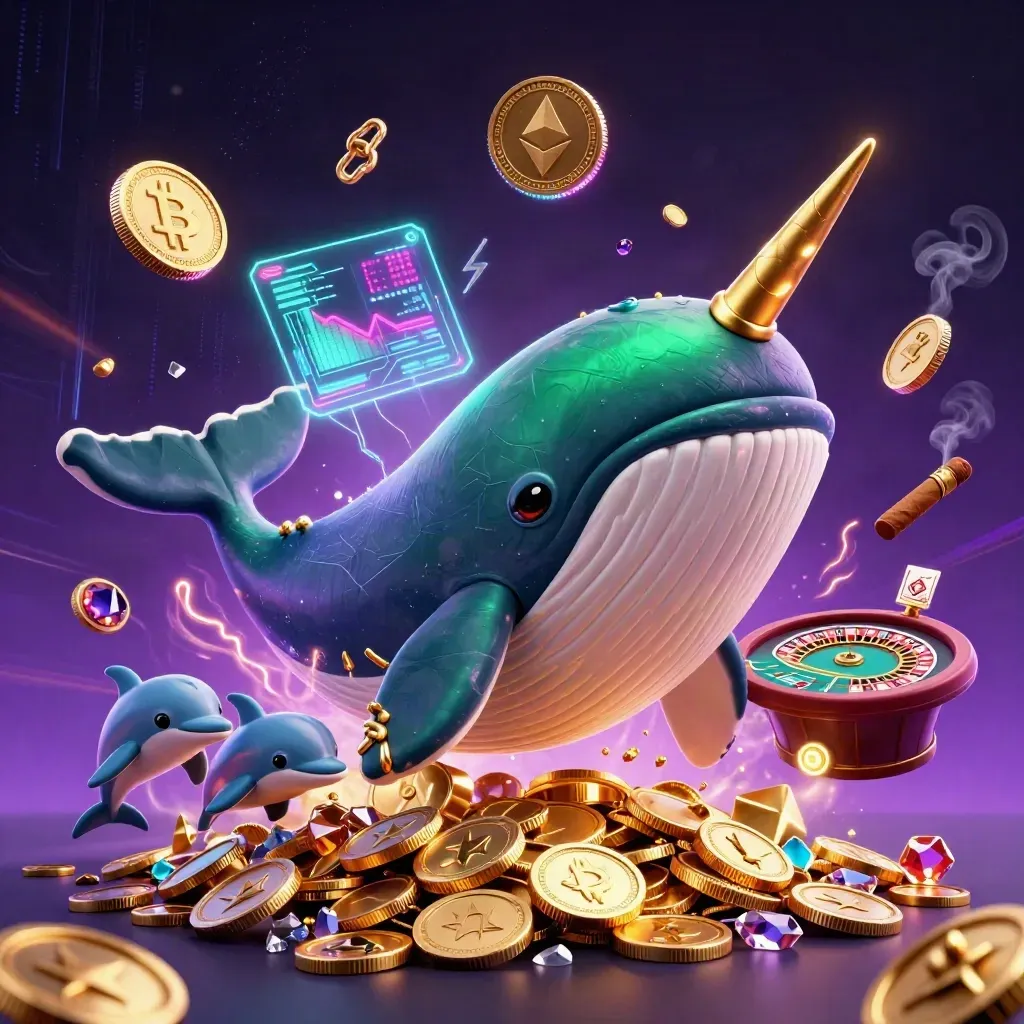 Cartoon whale, narwhal and dolphins in a neon casino sea with coins, cards and glowing tech icons.
