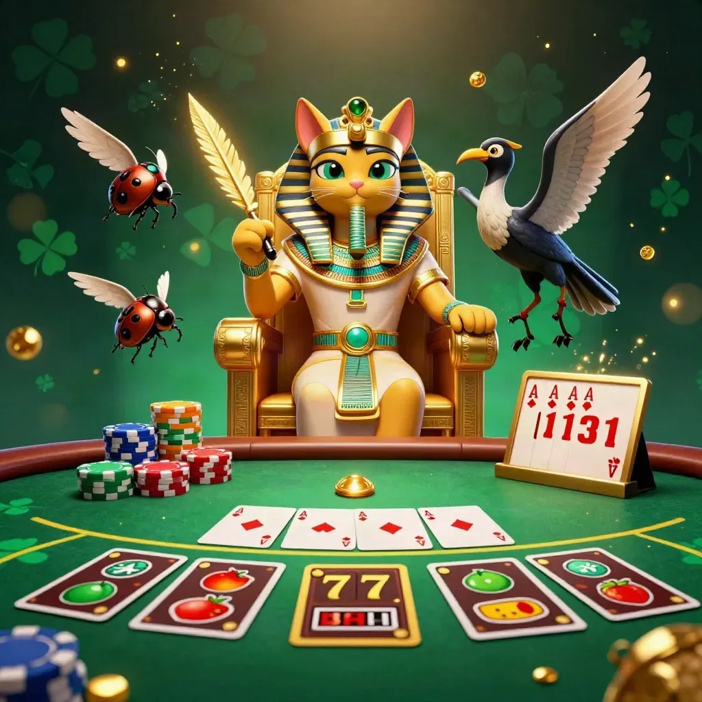 Pharaoh cat, ibis scribe, and gem-wing scarabs amid poker chips and glowing casino energy.