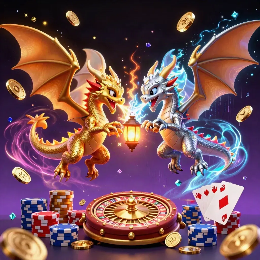 Gold and silver dragons clash above coins, cards, chips, and a glowing roulette wheel.