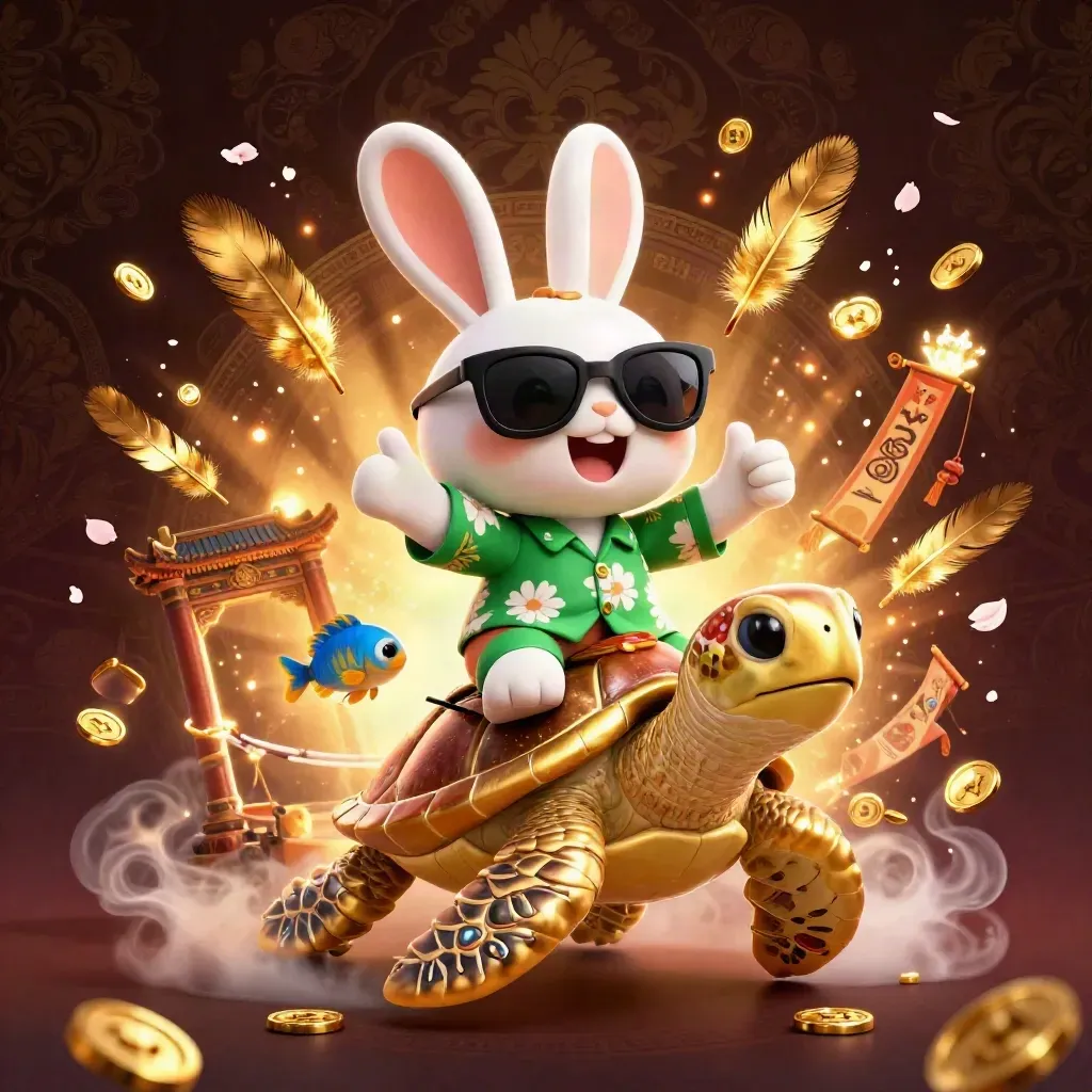 Lucky rabbit rides a gem-shell sea turtle amid casino-gold effects and temple ruins.