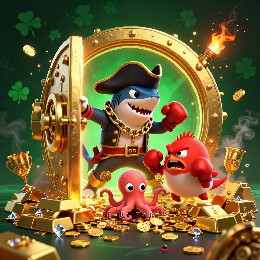 Shark pirate, boxing pufferfish, and juggling baby octopus burst from a glowing treasure vault