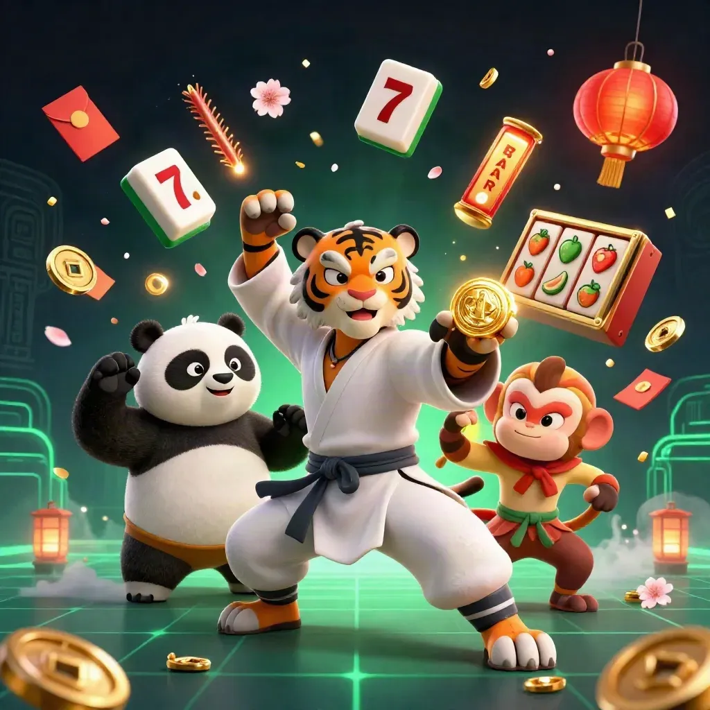 Tiger, panda, and monkey amid casino props, lanterns, jade coins, neon grid, and gold confetti.