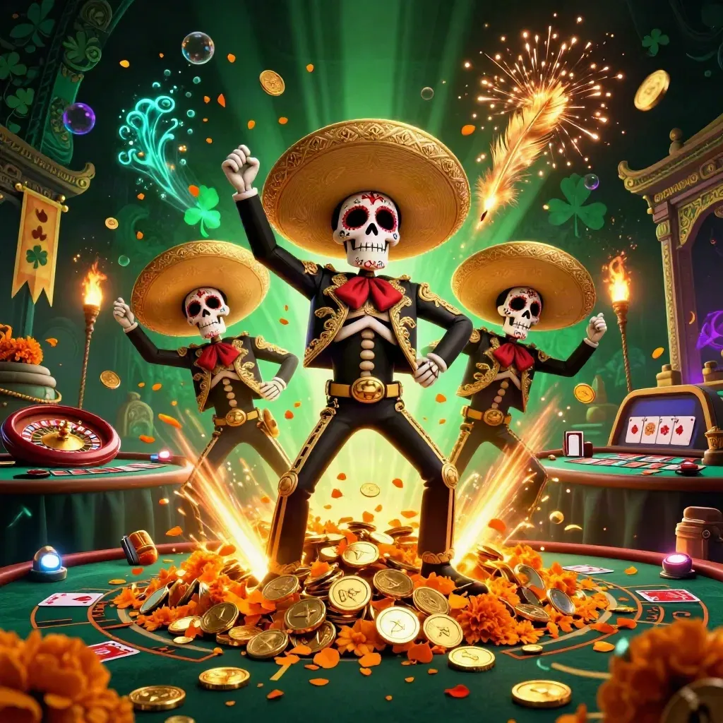 Skeleton mariachi trio in a glowing casino burst with coins, roulette, cards, and fireworks.