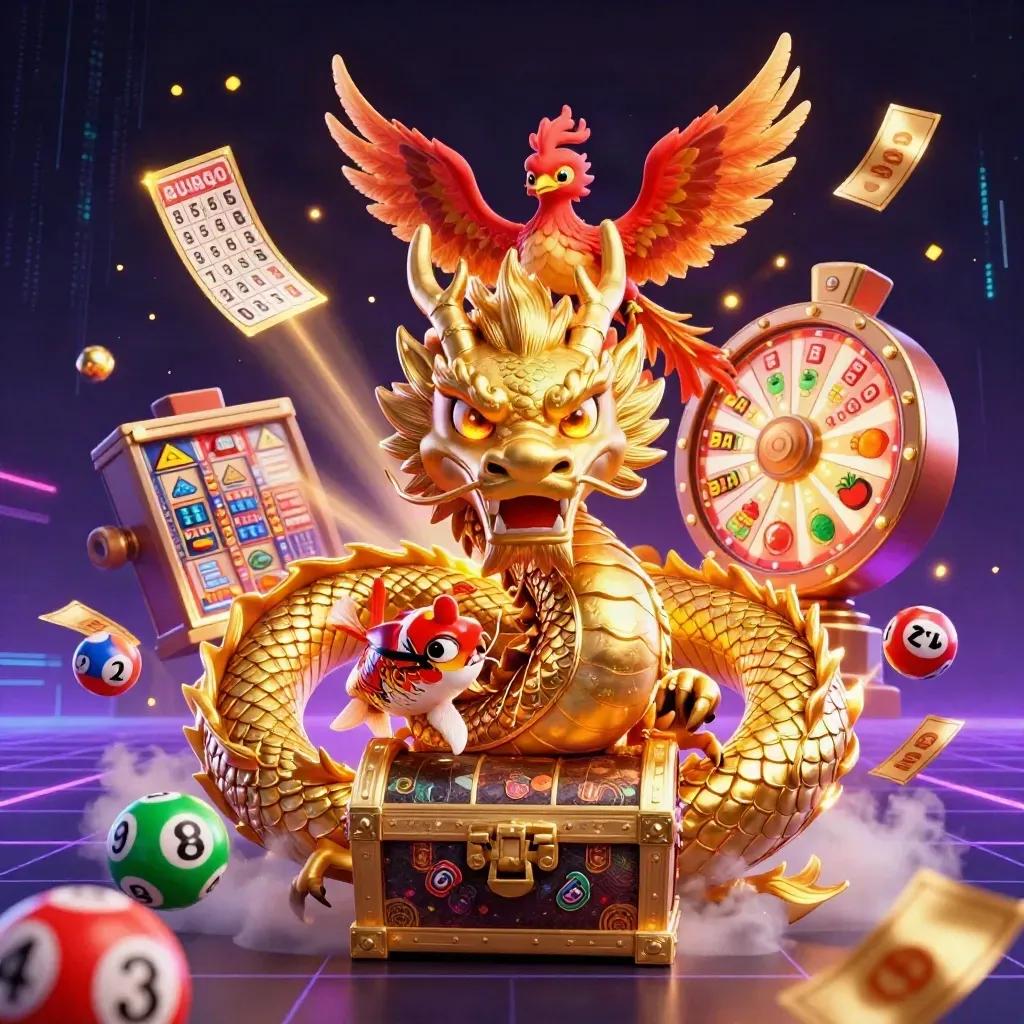 Golden dragon, red phoenix and koi burst from a treasure chest amid casino icons and neon energy.