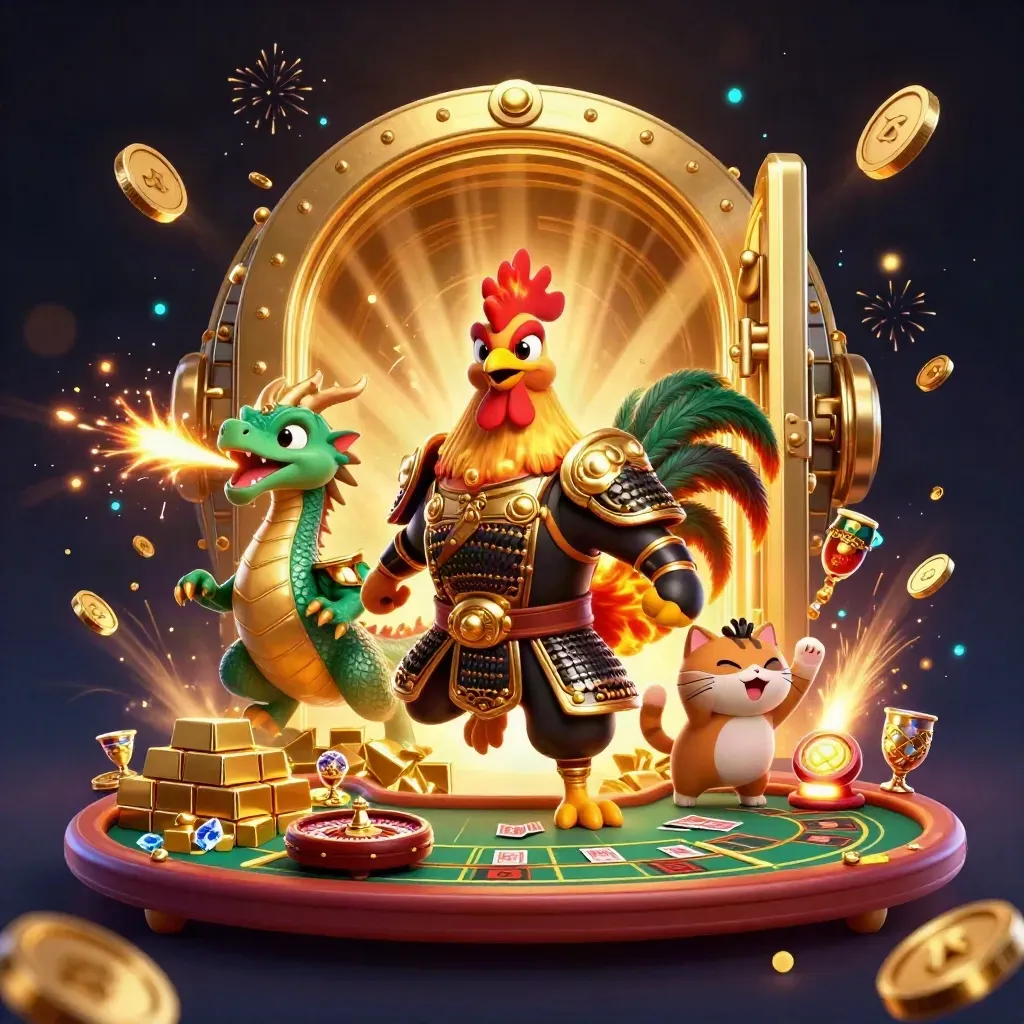 Rooster warrior, dragon hatchling and fortune-cat burst from a vault with gold, coins and casino lights.