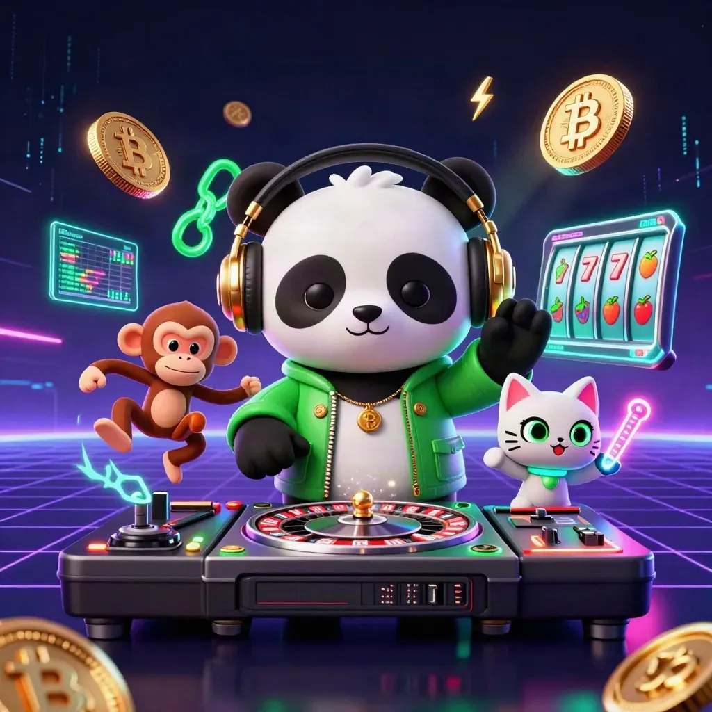 DJ panda, dancing monkey, and glow-stick kitten amid casino neon, coins, reels, and lightning.