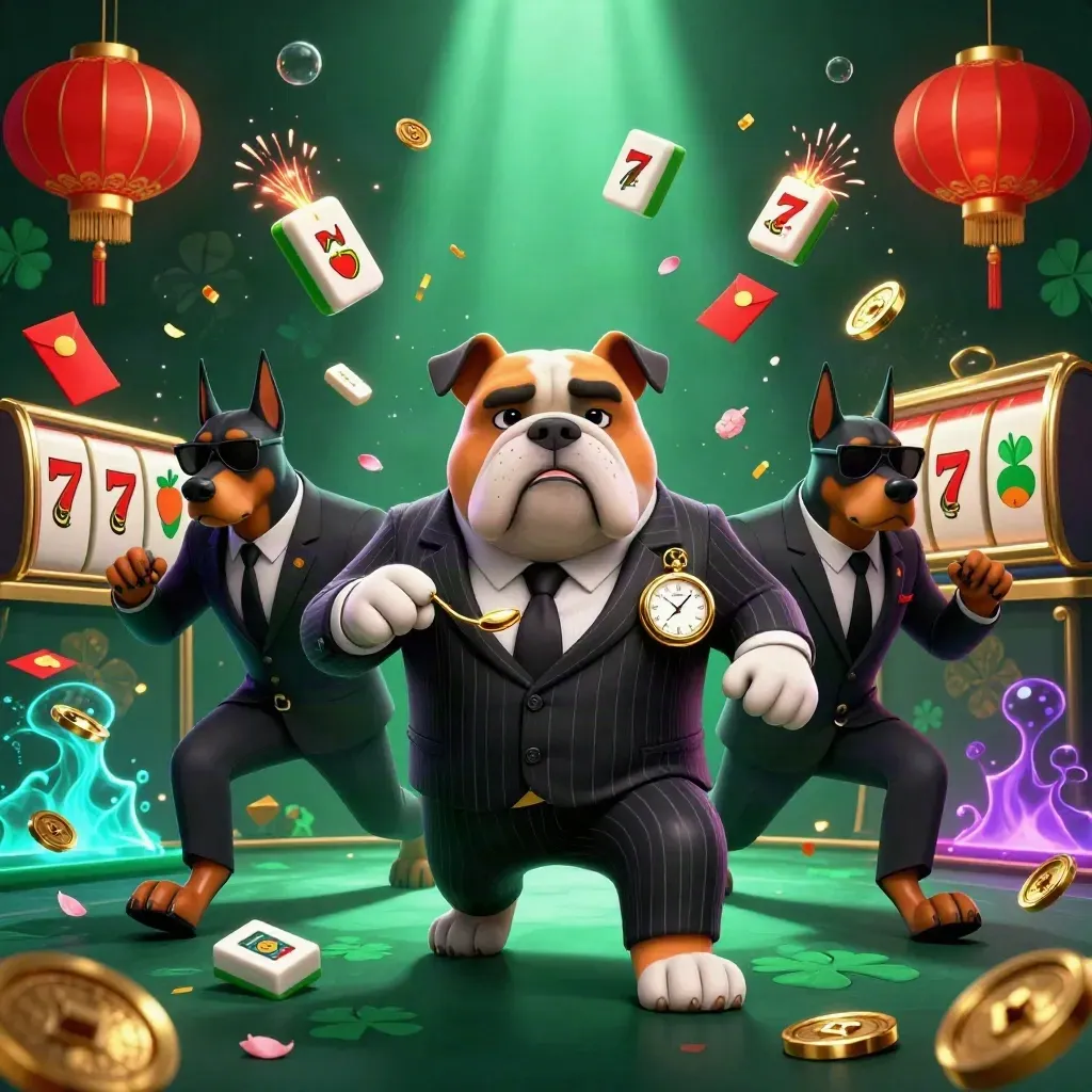 Bulldog mafia boss with two Dobermans amid casino tiles, lanterns, coins, and neon glow