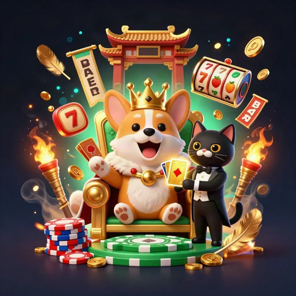 Royal corgi on poker-chip throne with cat butler amid roulette reels, chips, firelight, and casino magic.
