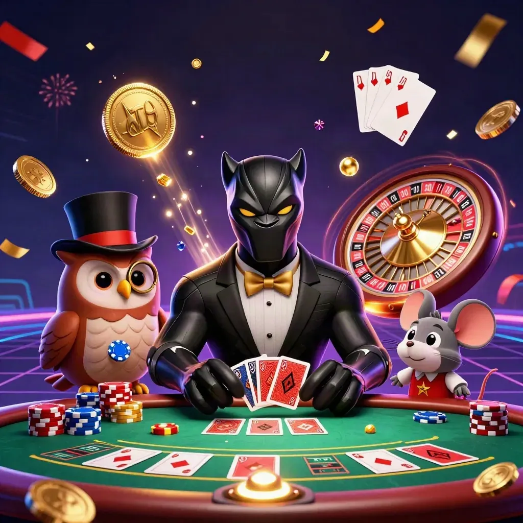 Panther, owl, and mouse at a glowing casino table with roulette wheel, chips, cards, and gold sparks.