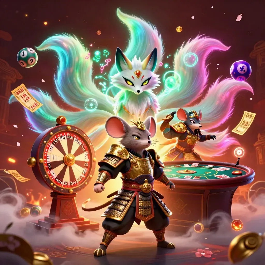 Neon fox spirit and armored mouse amid casino tokens, roulette wheel, cards, and gold sparks.