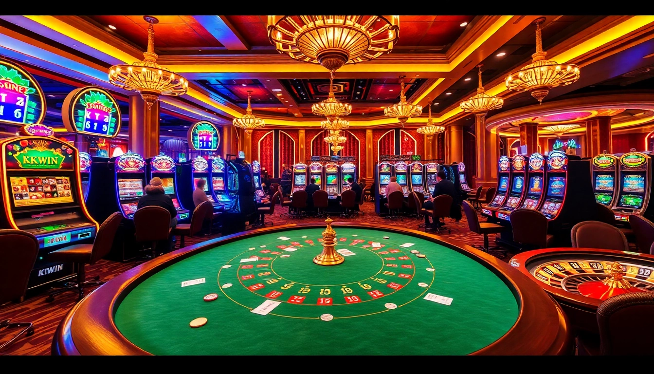Engaging players at a KKWIN casino poker table with vibrant slot machines in the background.