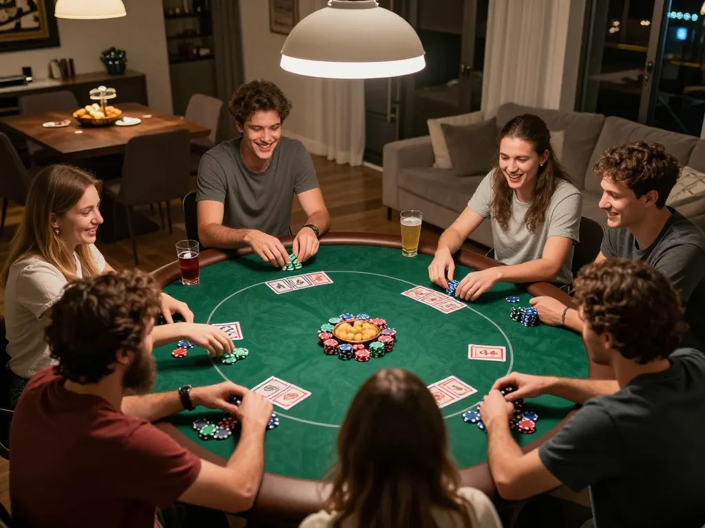 Social poker night with friends showcasing responsible gaming through CasinoAtlas