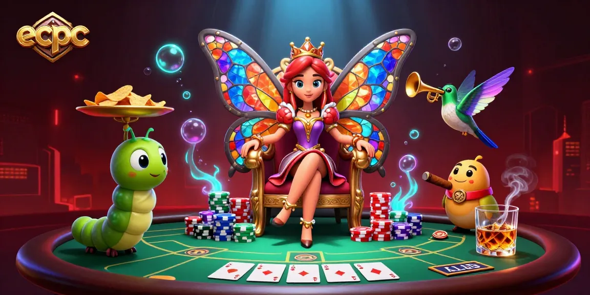 Play exciting casino games with ecpc at a vibrant 3D illustrated casino scene featuring a butterfly queen and poker elements.