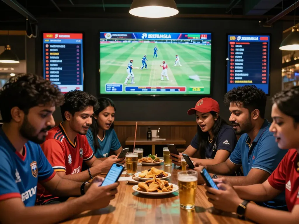 JeetBangla cricket betting scene with friends enjoying a live cricket match.
