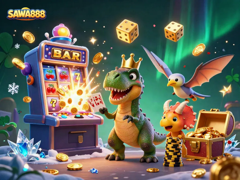 SAWA888 showcases a colorful cartoon scene with a T-Rex shuffling cards and a slot machine bursting with coins.