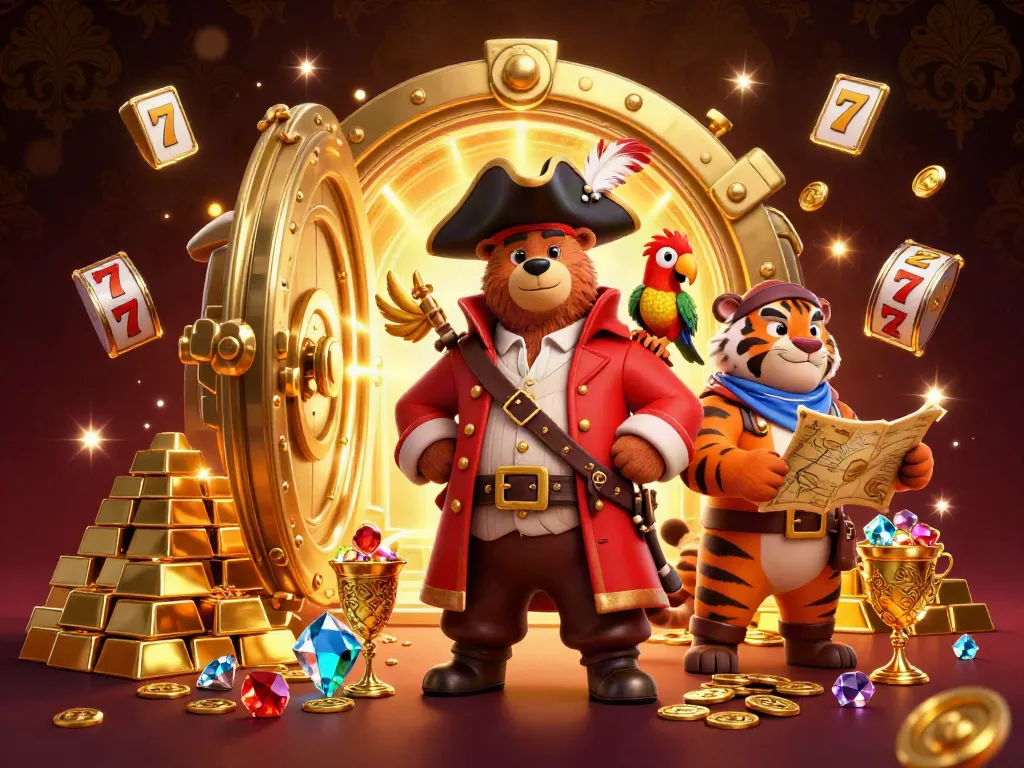 Slot yang mengasyikkan dengan karakter beruang kapten, harimau, dan burung beo dalam konteks kasino.