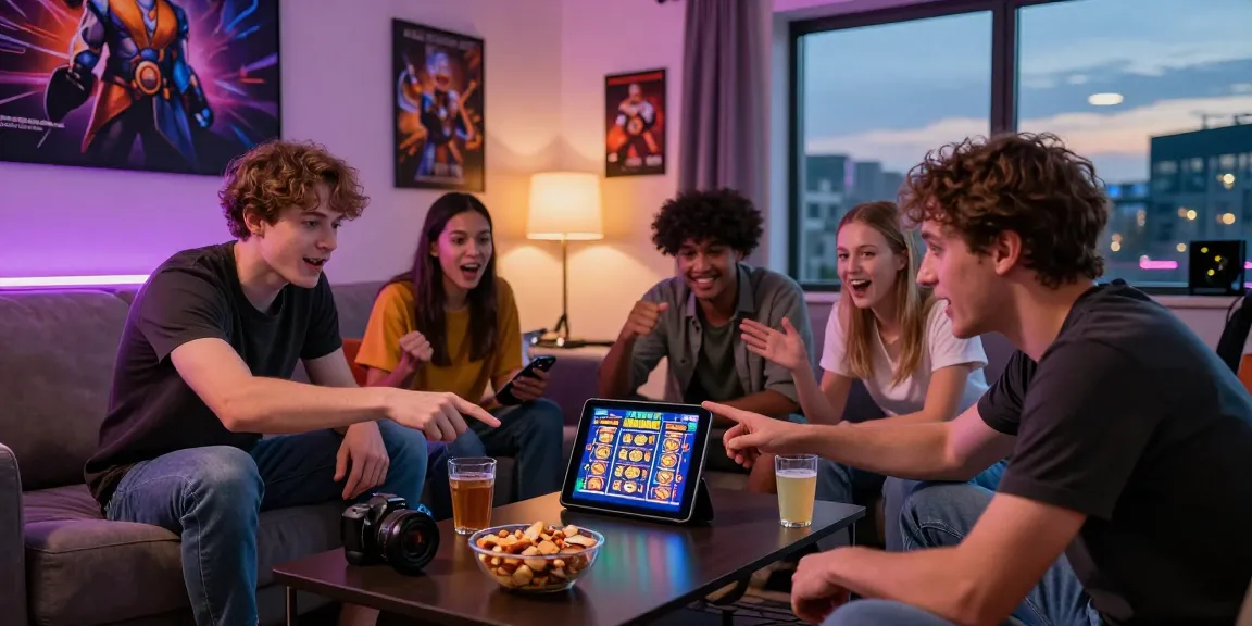 Friends enjoying Bonus Buy Slots UK on a tablet in an exciting gaming setup.