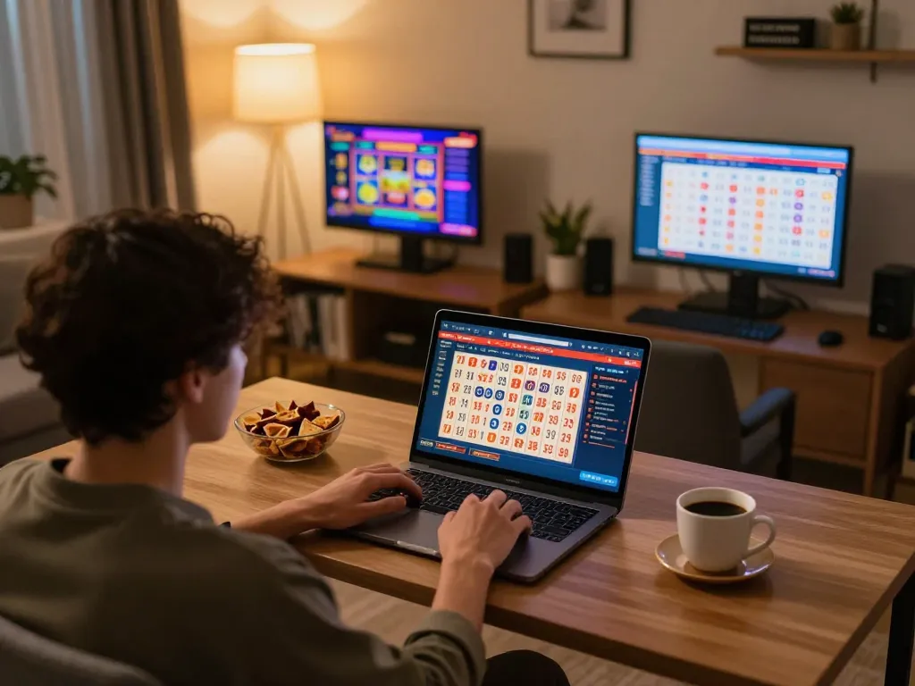 Pemain yang terlibat menikmati permainan toto togel di laptop di suasana rumah yang nyaman.