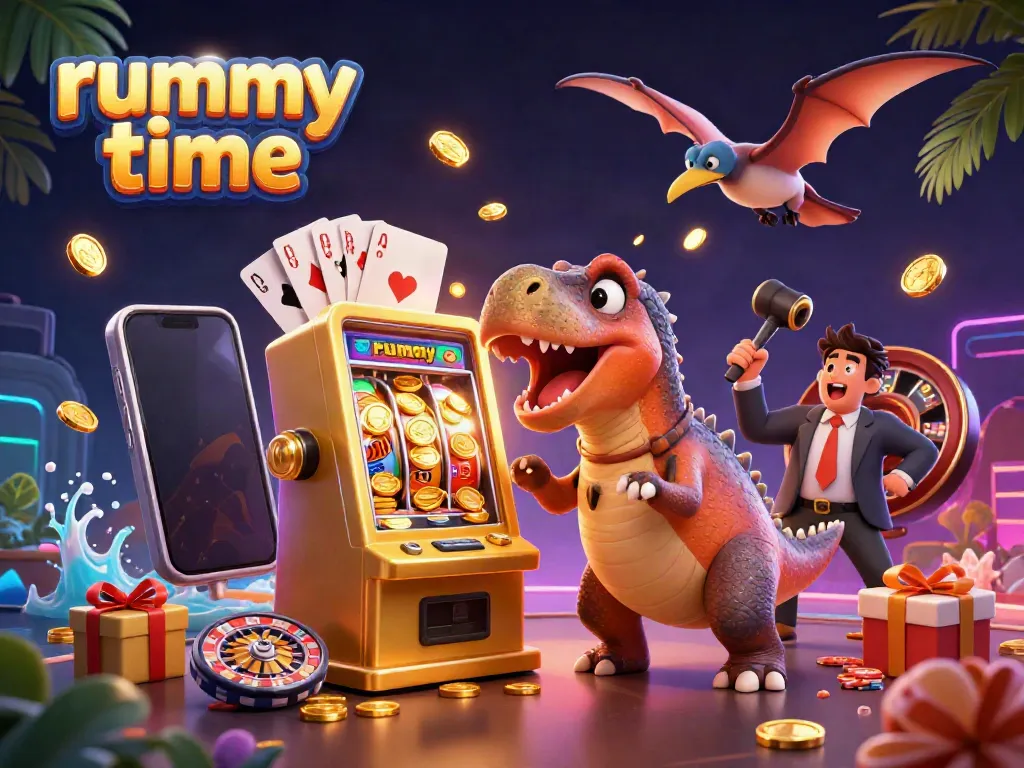 Experience rummy time as a pachycephalosaurus activates a jackpot in a vibrant casino scene.