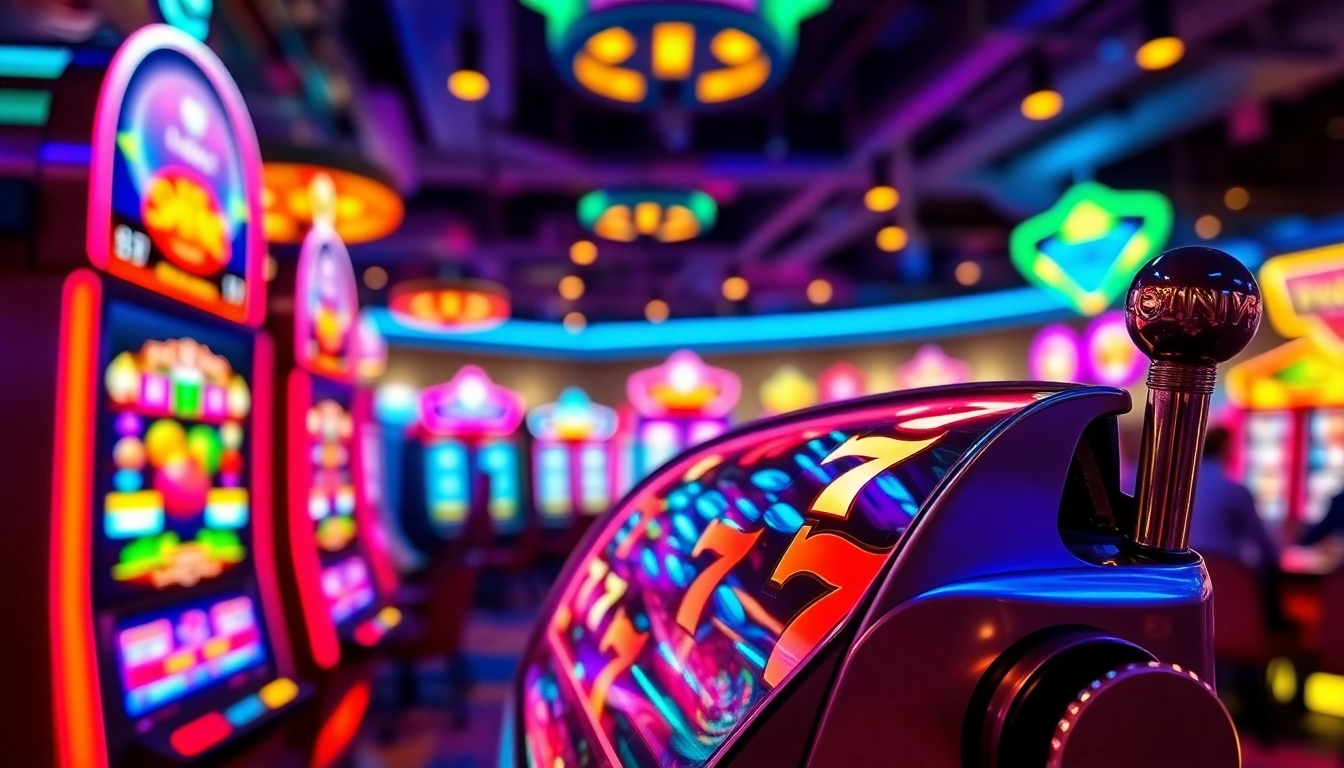 Menang besar bermain Slot Game di mesin slot berkilau di kasino.