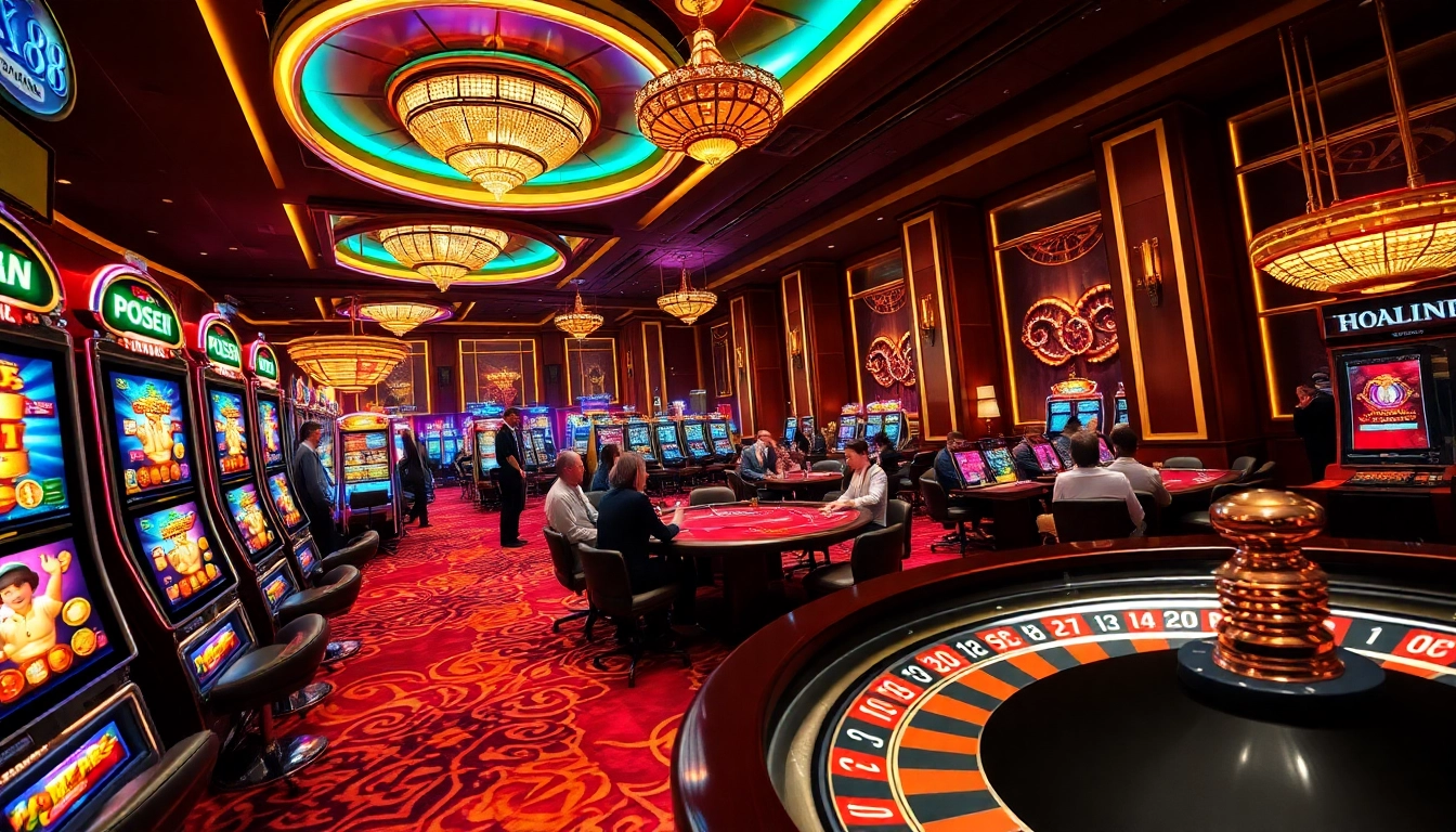 X88 game showcases a dynamic casino vibrant with players at slot machines and poker tables.