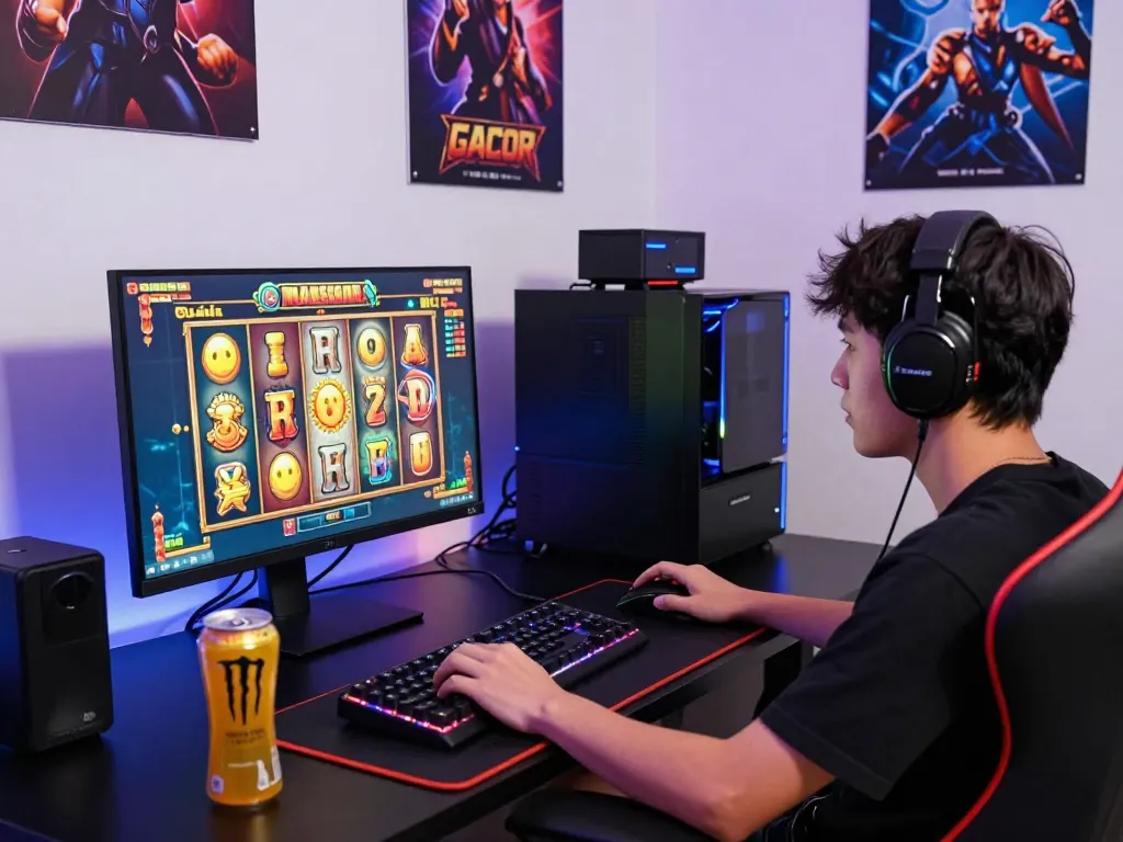 A player engaged in a slot gacor game at a vibrant gaming setup, showcasing intense excitement and colorful visuals.