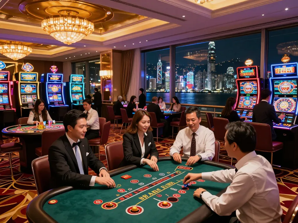 Exciting casino hong kong scene with vibrant games, patrons, and skyline view at night.