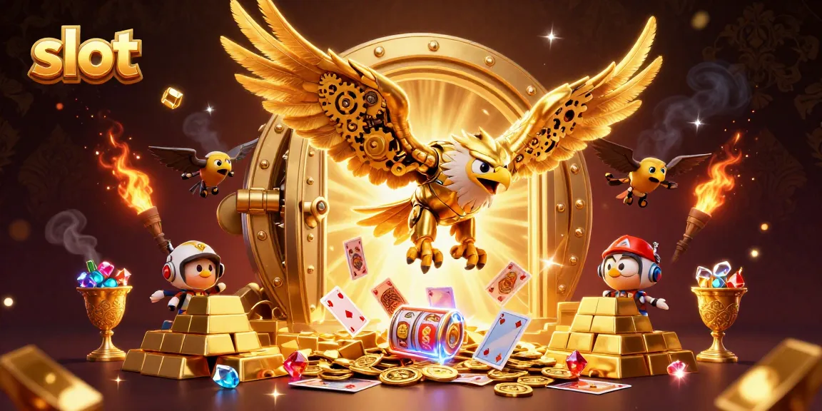 Spin the reels with slot symbols while a golden eagle dives through a cascade of holographic cards.