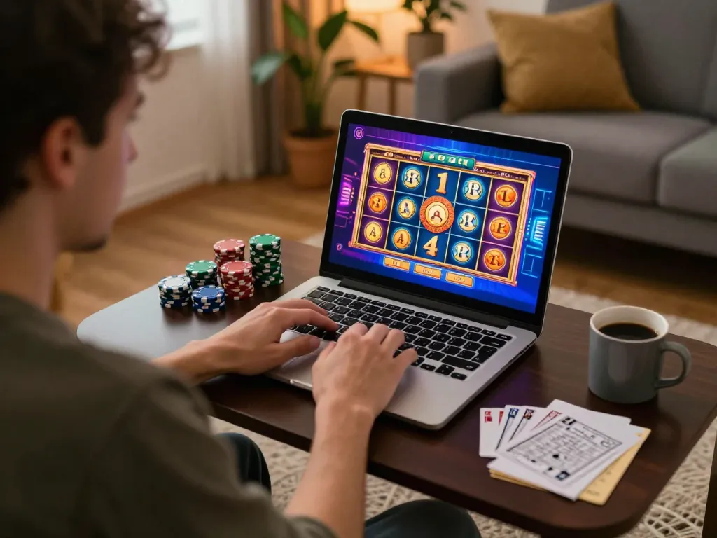 Engaging with online casinos in Canada, a player enjoying a laptop gaming experience at home